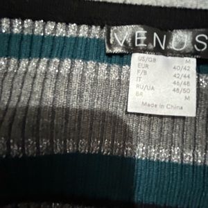 Venus sweater m worn once green blue silver gray striped